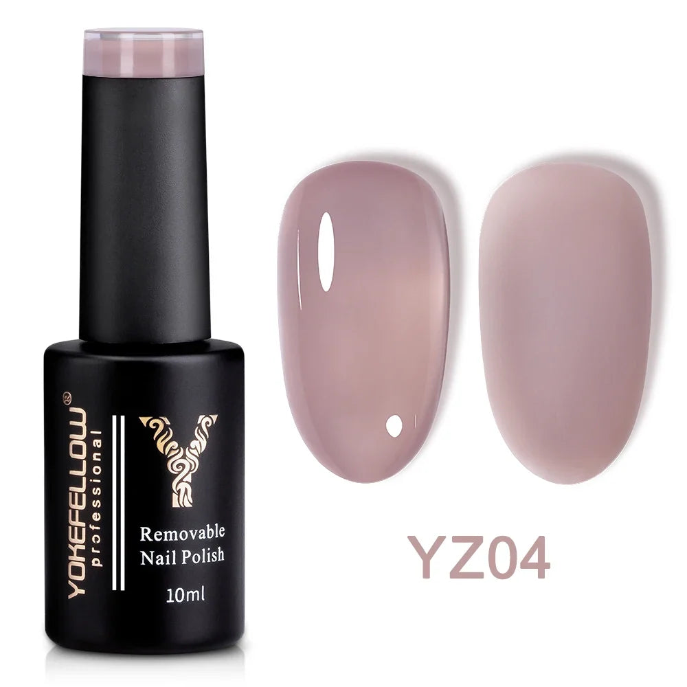 YOKEFELLOW 10ml translucent pink gel nail polish by Blushimmer, showing a smooth, high-quality UV gel with a glossy finish
