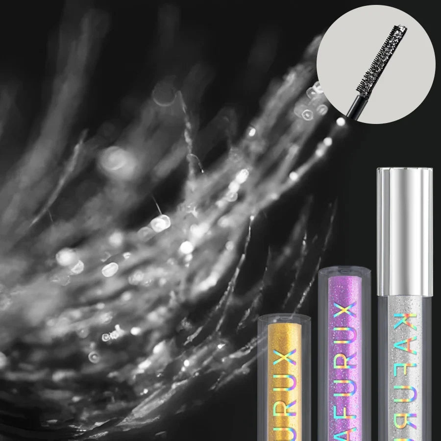 Blushimmer Diamond Shine waterproof mascara with glitter snow effect, showing a curved mascara brush and shimmering black formula.