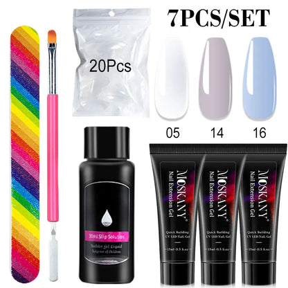 Blushimmer poly nail gel full set with 6W LED lamp, nail tips, 3D design tools, and manicure extension kit for beginners.