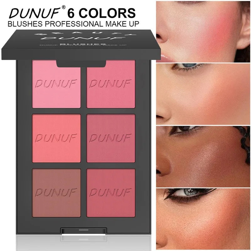 Blushimmer 6-color blush palette with highlighter, contour, and bronzing powders for natural, long-lasting daily makeup looks.