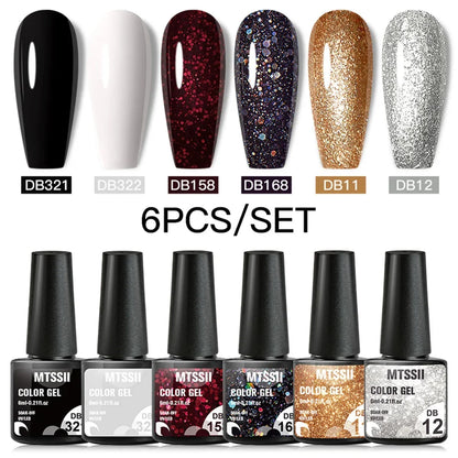 Blushimmer MTSSII 6-piece set of sparkly red gel nail polishes with shiny finish, LED UV gel varnish for nail art and manicures.