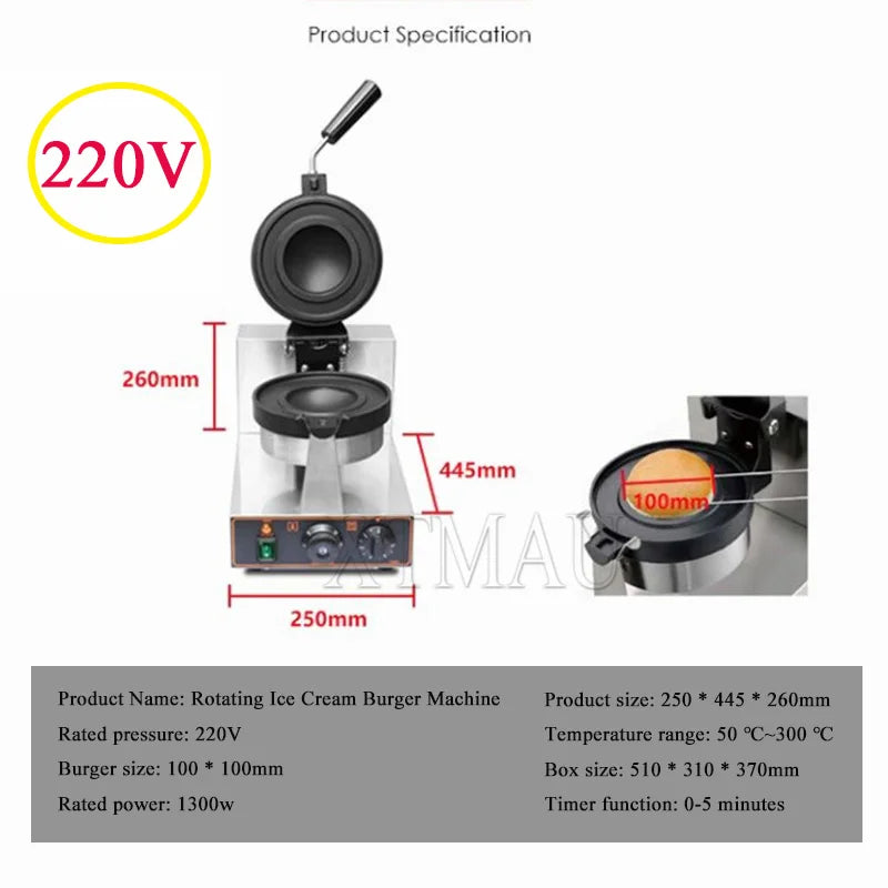 UFO Hamburger Cake Maker Burger Machine Electric Ice Cream Waffle Machine 110V Gelato Panini Press Semlor