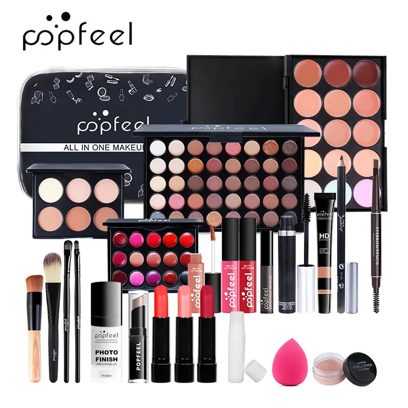Blushimmer all-in-one makeup kit featuring eyeshadow palette, foundation, lip gloss, blush, brushes, and eyeliner in mixed colors.