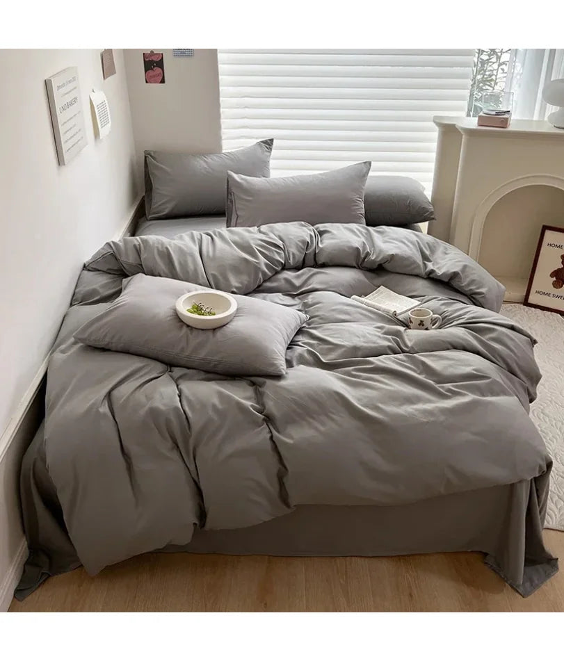 Solid Bed Linen Cotton Bedding Set with Sheet Duvet Cover Pillowcase Single Couple Bedsheet King Queen Double Twin Size