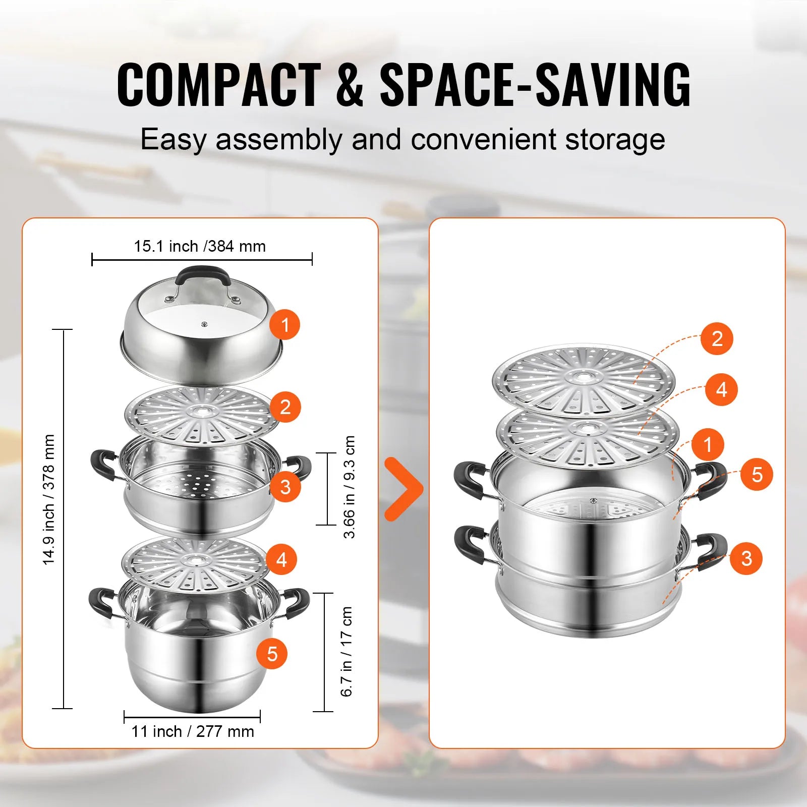 SucceBuy Steamer Pot 11in/28cm, 3 Tier Steamer Pot for Cooking with 8.5QT Stock Pot, 304 Stainless Steel Food Steamer Cookware