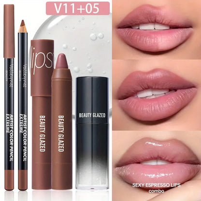 Blushimmer 3-piece lip set with lip liner, matte lipstick, and lip gloss in sleek packaging, perfect for lip makeup.