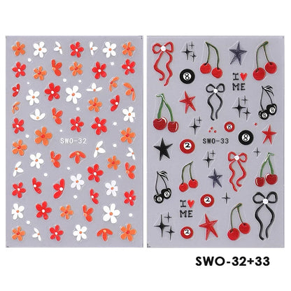 Colorful Blushimmer nail art stickers featuring flowers, hearts, cherries, strawberries, bows, butterflies, and kawaii designs for manicures.