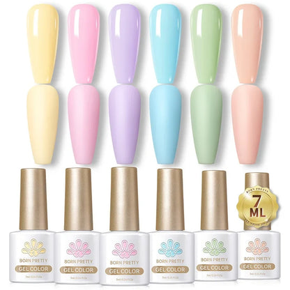 Six-piece BORN PRETTY crystal amber gel nail polish set in jelly pink and nude shades, ideal for semi-permanent UV and LED manicures.
