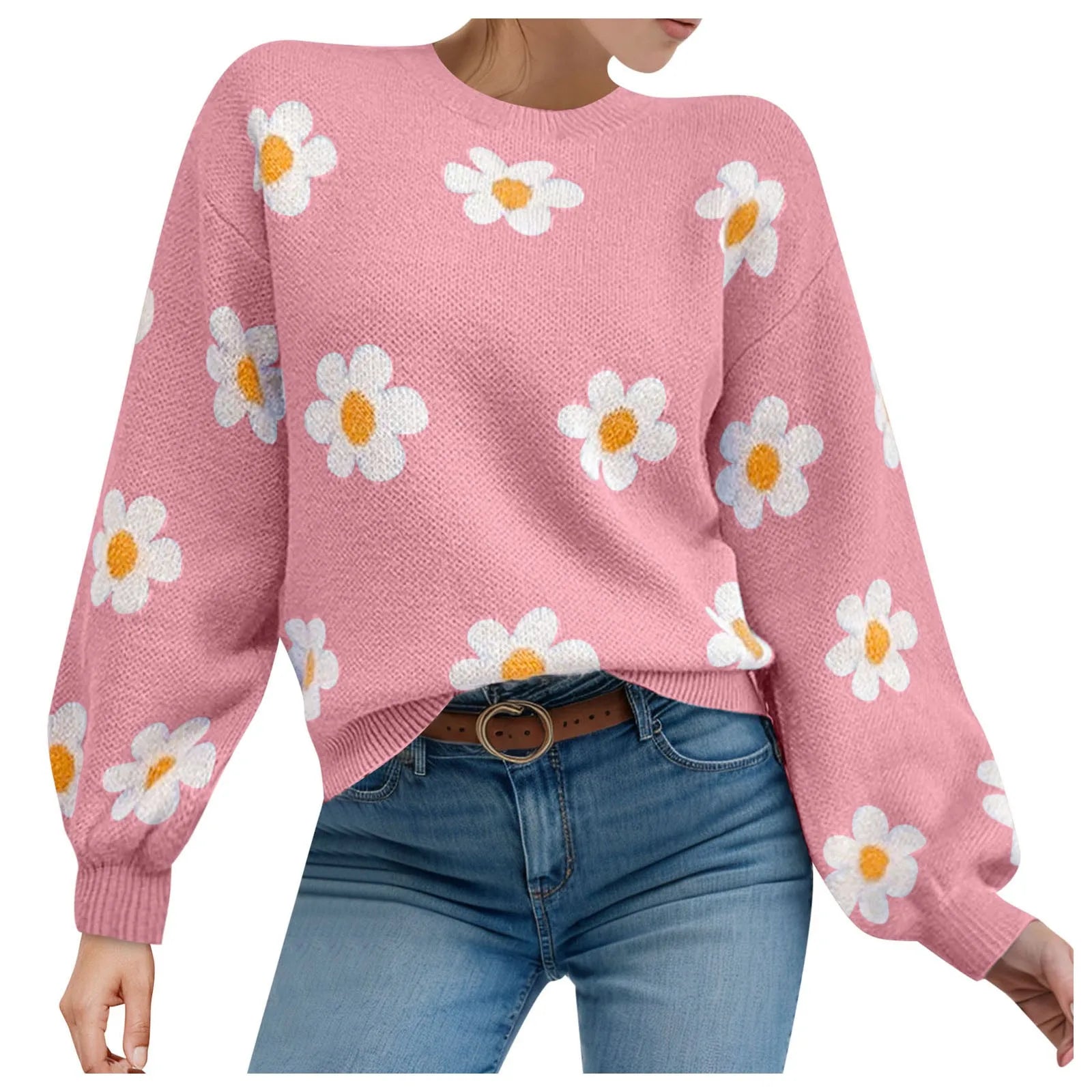 2024 Fall Sweater Women Fashion Round Neck Flower Printed Long Sleeve Ribbed Knitted Pullover Popular Top Autumn Winter Outfits