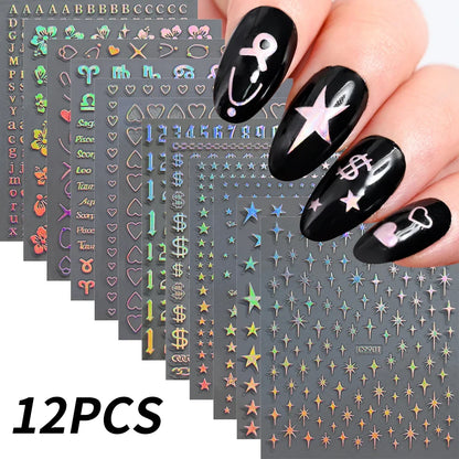 Set of 12 colorful cartoon dog and cat nail art stickers, featuring 3D graffiti designs on self-adhesive nail decals.