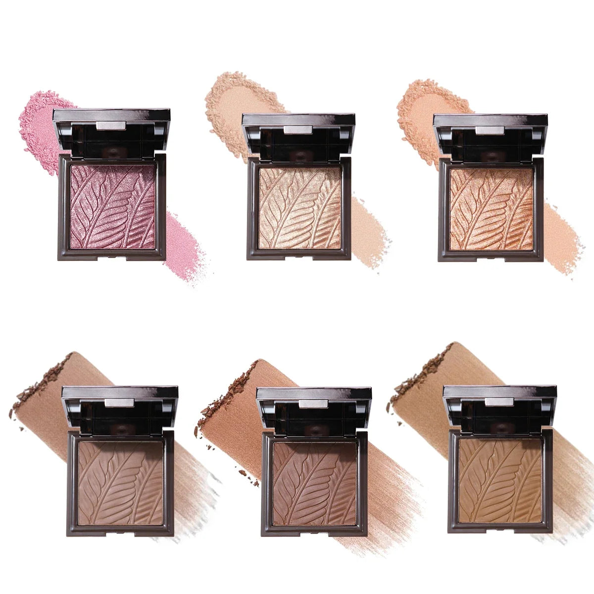 Blushimmer embossed bronzers and highlighter makeup palette with 3D nose shadow, matte contour and setting powders for face.