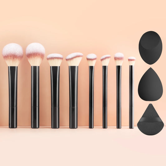  8Pcs Black Long Tube Light Bristle Face Eye Brush Set + 2 Beauty Sponges 1 Puff, Powder/Blush/Eyeshadow Brush