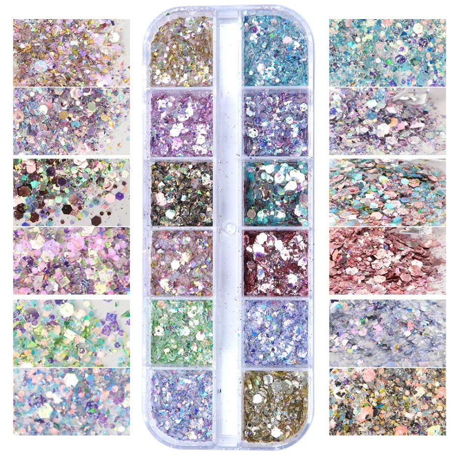 Iridescent mixed hexagon nail glitter sequins and holographic flakes for nail art, gel polish, and manicure accessories.