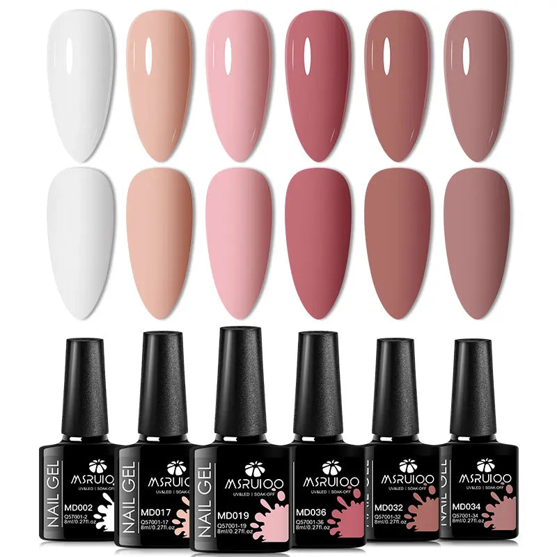 Blushimmer 6-piece nail gel polish set with vibrant, semi-permanent UV gel for all-season manicures and DIY nail designs.