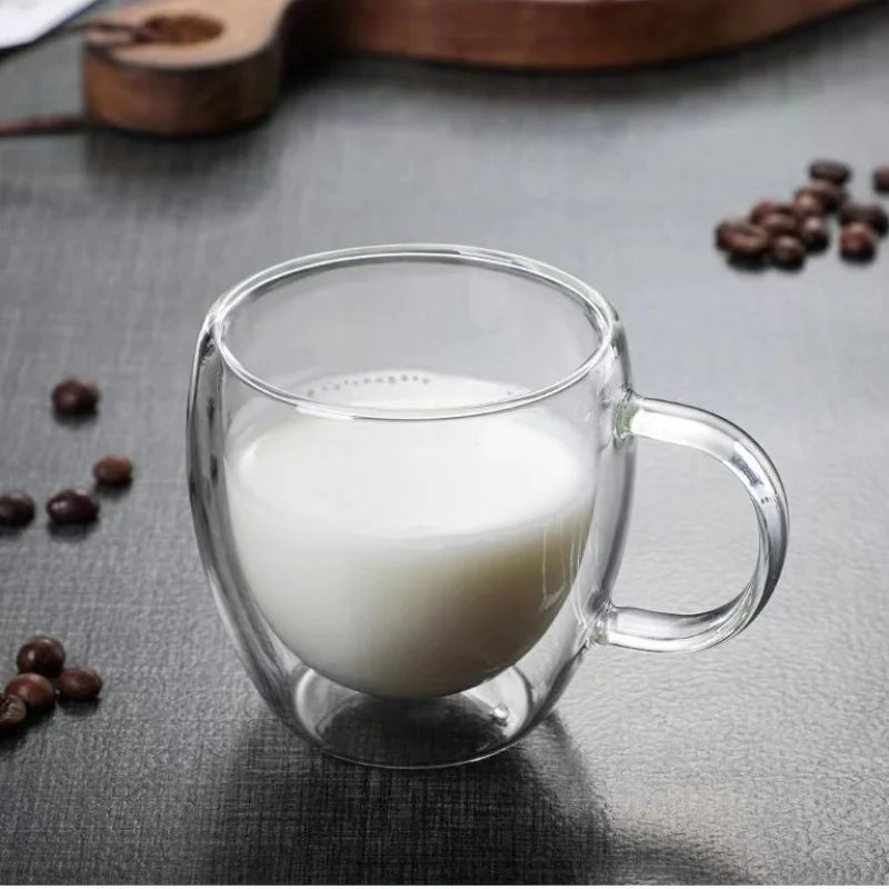 2PC Double Wall Glass Cup Heat Insulation Transparent Handmade Tea Drink Cups MINI Whisky glasses Coffee Mug with handle ﻿