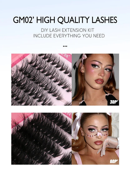 GROINNEYA Lash Clusters Kit Cat Lashes 640 Pcs with Lash Bond & Seal Cluster Eyelash Extensions Eyelash Clusters Kit DIY at Home