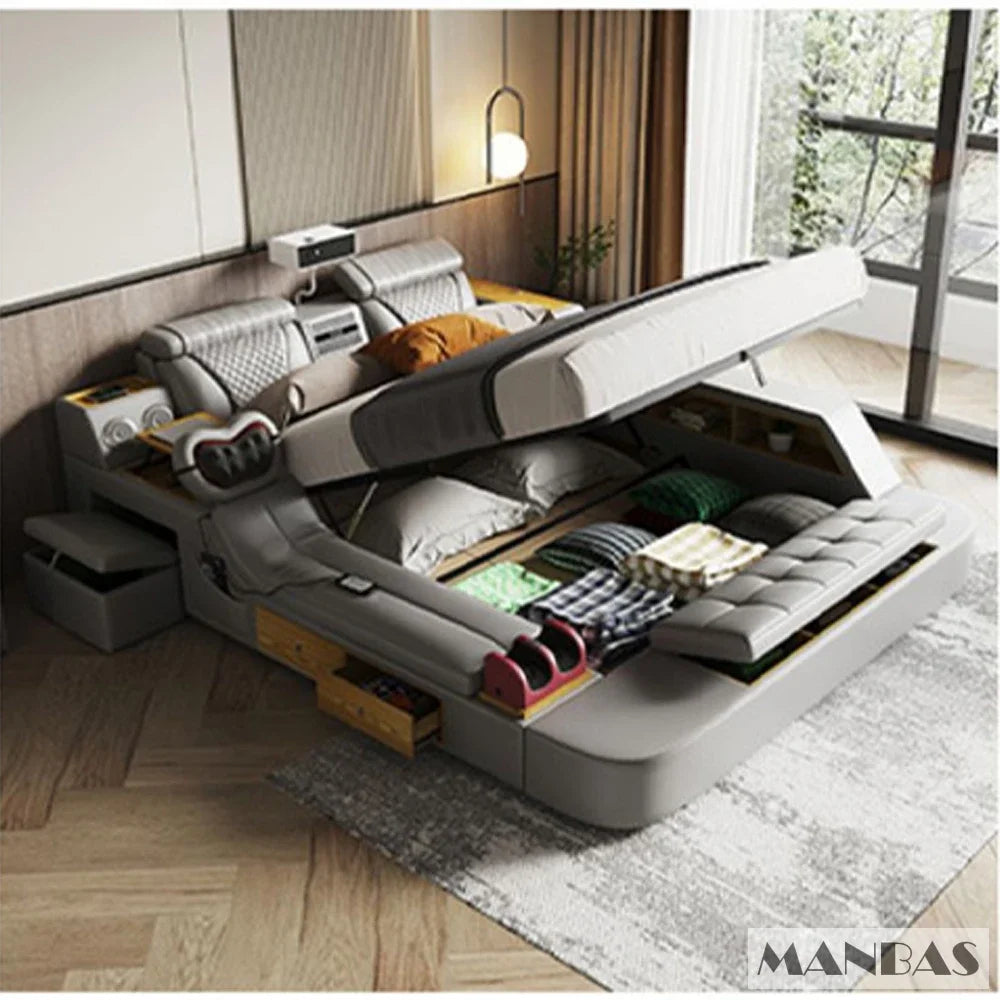 Tech Smart Bed - The Ultimate Multifunctional Bedframe With Genuine Leather, Massage, Speaker, Projector, Air Purifier