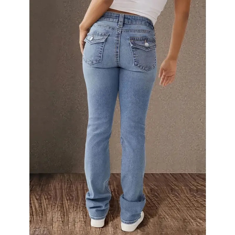Womens Jeans Y2k Jeans Blue Denim Pants Straight Leg Stretch Fabric Slim Fit High Waist Retro Style Casual Wear