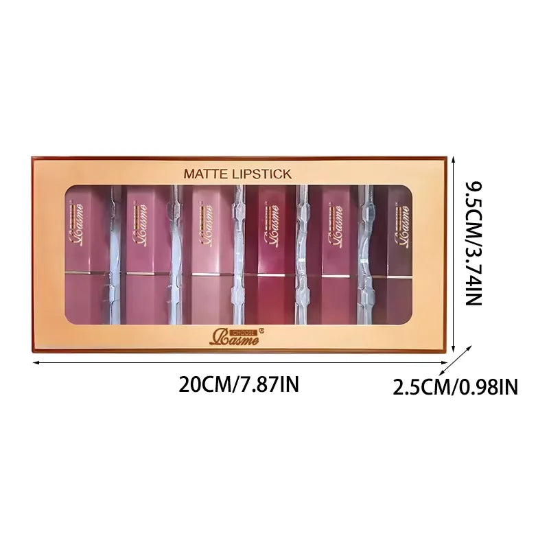 Six Blushimmer velvet lipstick tubes with pearlescent glitter finishes in gold bar design, featuring matte textures for Valentine's Day gifts.