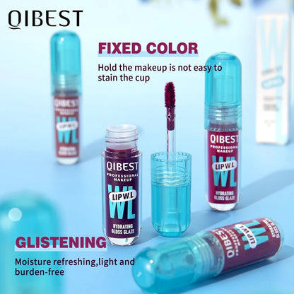 Blushimmer QIBEST hydrating crystal lip gloss in water-glazed, long-lasting moisturizing lip tint with mirror finish, displayed on a model's lips.