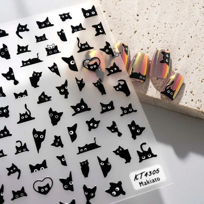 Black cat 3D self-adhesive nail art decals by Blushimmer featuring cute cartoon animal designs for manicure decoration.