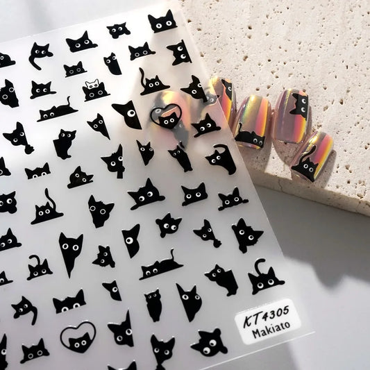 Black cat 3D self-adhesive nail art decals by Blushimmer featuring cute cartoon animal designs for manicure decoration.