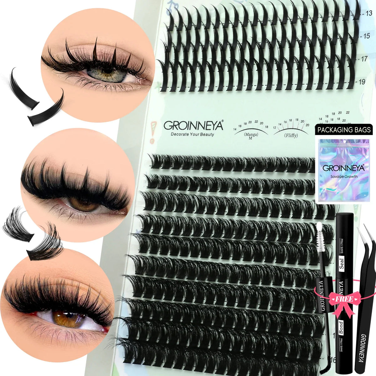 GROINNEYA Lash Clusters Kit Spikes Lash Individuals Eyelash Clusters D-Curly Lash Clusters Kit with Bond and Seal Makeup
