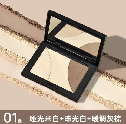 Blushimmer Mooekiss highlighter contour blush powder palette with three matte and pearlescent shades for face and eye makeup.