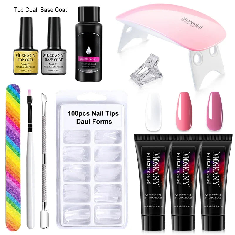 Blushimmer poly nail gel full set with 6W LED lamp, beginner manicure kit featuring nail tips, 3D designs, and decorative extensions.