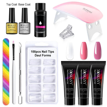 Blushimmer poly nail gel full set with 6W LED lamp, beginner manicure kit featuring nail tips, 3D designs, and decorative extensions.