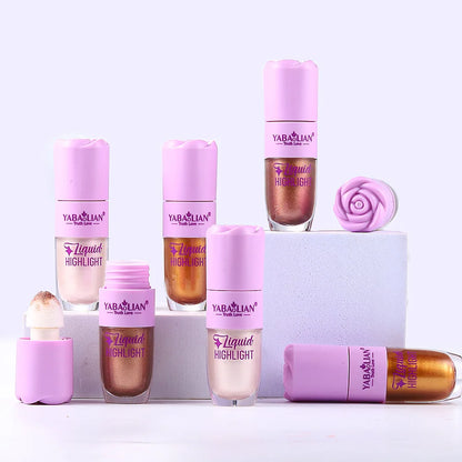 Blushimmer liquid face highlighter and bronzer in three shades, with shimmering glow and contouring for radiant makeup look.