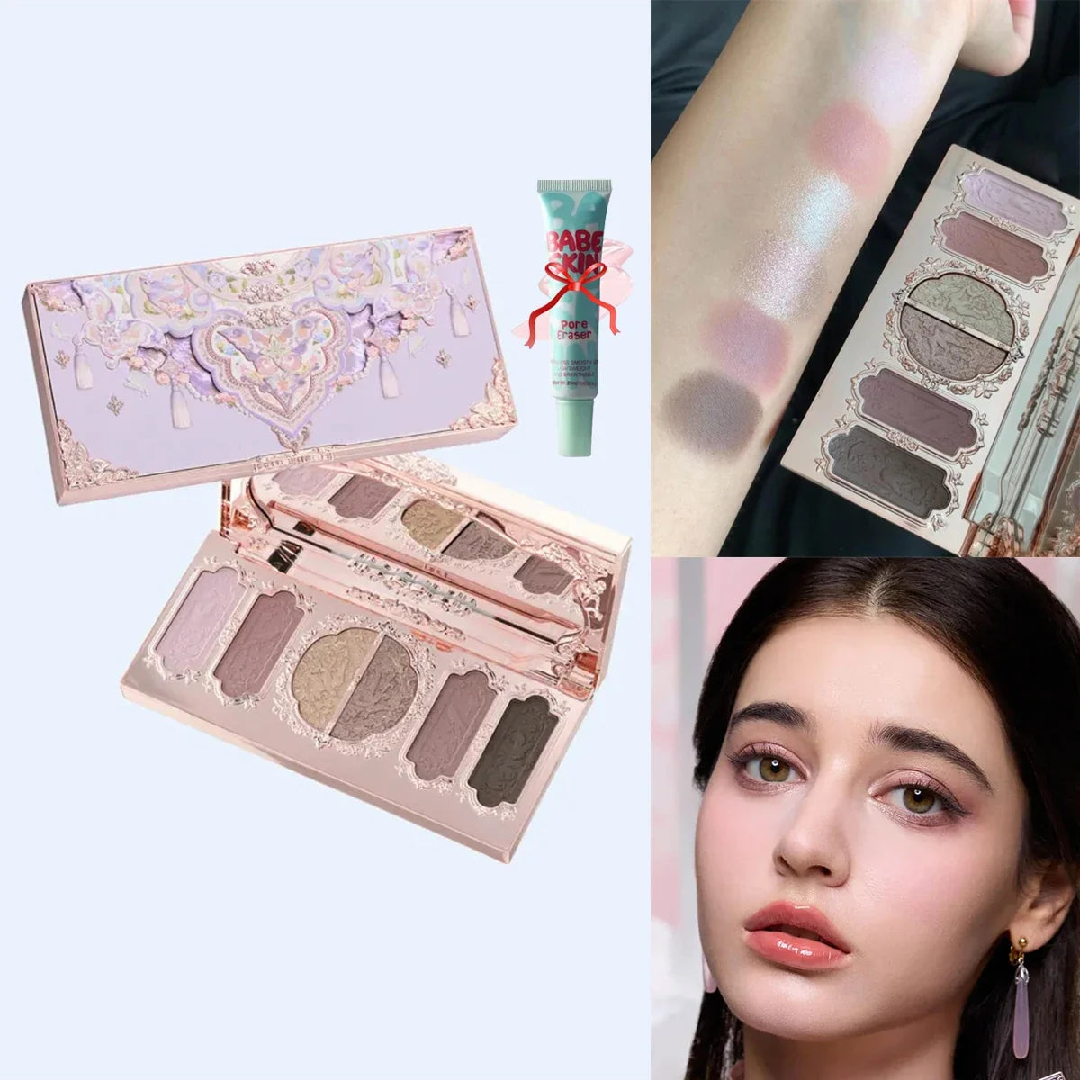 Blushimmer Flower Knows Chocolate Wonder-Shop 8-color eyeshadow palette with warm brown and nude shades, shown open with eyeshadows visible.