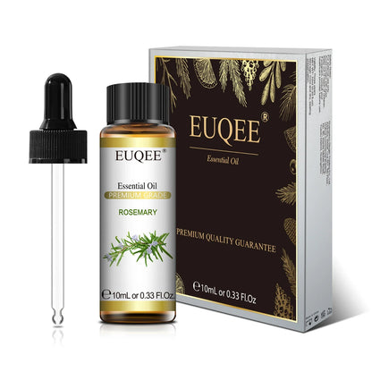EUQEE 10ml natural essential oil set featuring lavender, jasmine, eucalyptus, vanilla, sandalwood, orange, lemon, oregano, and neroli fragrances.