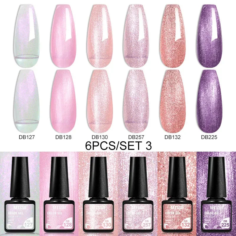 Blushimmer MTSSII 6-piece set of sparkly red gel nail polish bottles with shiny finish for LED and UV nail art and manicure.