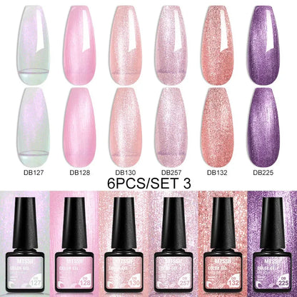 Blushimmer MTSSII 6-piece set of sparkly red gel nail polish bottles with shiny finish for LED and UV nail art and manicure.