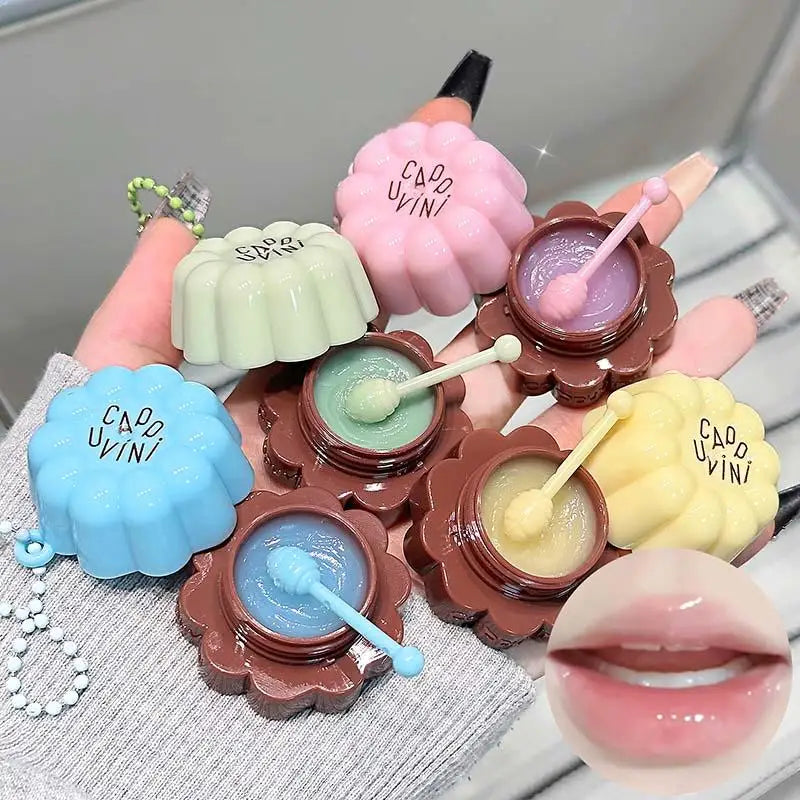 Blushimmer fruit-flavored lip balm and nourishing lip mask for dry lips, moisture, and lip line reduction in a sleek container