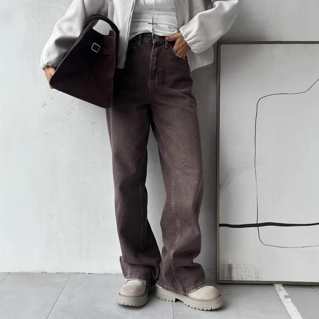 2025 New Retro Loose Casual Pants Women's Four Seasons Versatile High Waist Brown Straight Leg Jeans