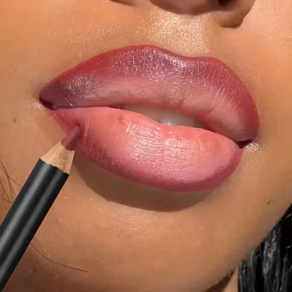 Blushimmer waterproof matte lipliner pencil in red, with long-lasting, moisturizing formula, shown with red lipstick on lips.