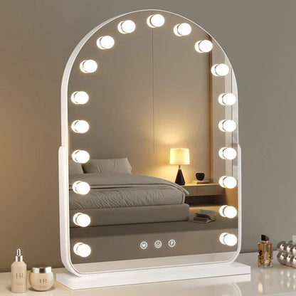 Large LED desktop makeup mirror with bulbs by Blushimmer, smart, rotatable dressing table mirror for detailed beauty grooming.