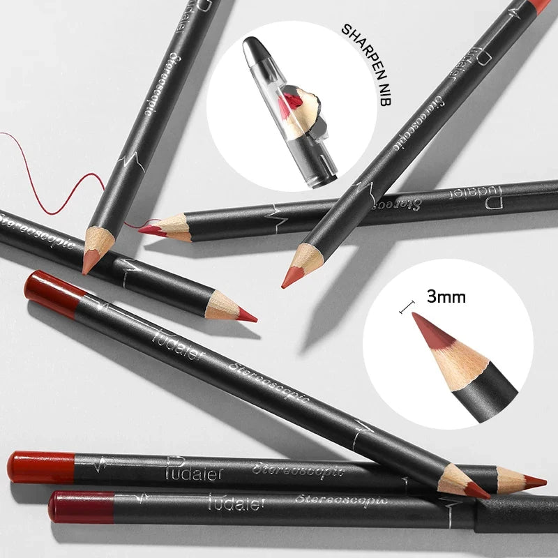 Blushimmer waterproof matte lipliner pencil in red, with long-lasting, moisturizing lipstick for lips, shown in 12 color options.