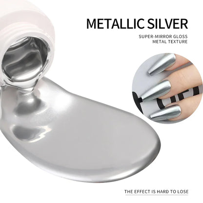 Blushimmer metallic gold mirror effect gel nail polish with French design and floral details, UV soak-off gel for nails.