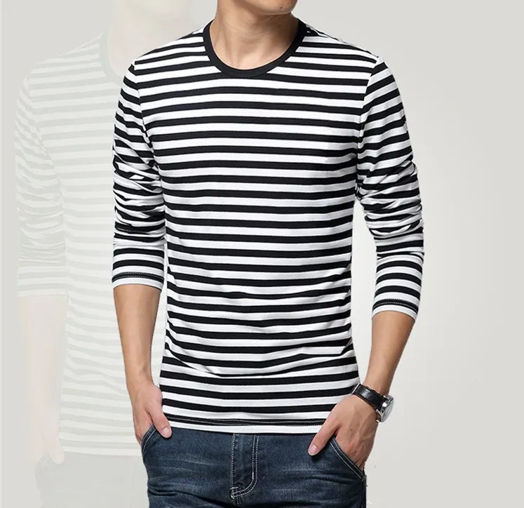 Men's long-sleeved striped T-shirt by LIBRECLANS with a casual fit, featuring a fashionable large size and stylish design.