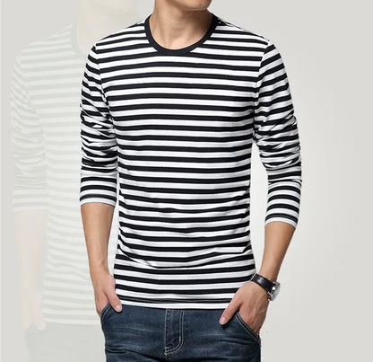 Men's long-sleeved striped T-shirt by LIBRECLANS with a casual fit, featuring a fashionable large size and stylish design.