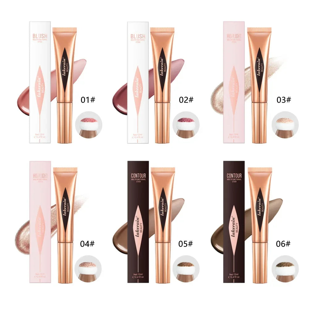 Blushimmer multifunctional makeup pen with liquid blush, bronzer, highlighter, and sponge tip for contouring and highlighting.