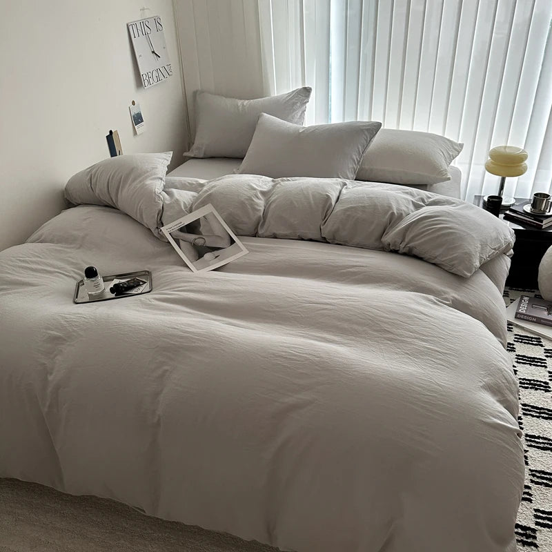 Solid Bed Linen Cotton Bedding Set with Sheet Duvet Cover Pillowcase Single Couple Bedsheet King Queen Double Twin Size