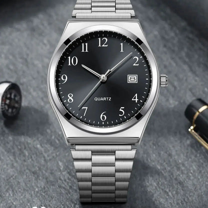 Lucky Fox minimalist stainless steel wristwatch with black dial, sleek design, and precise timekeeping for everyday wear.