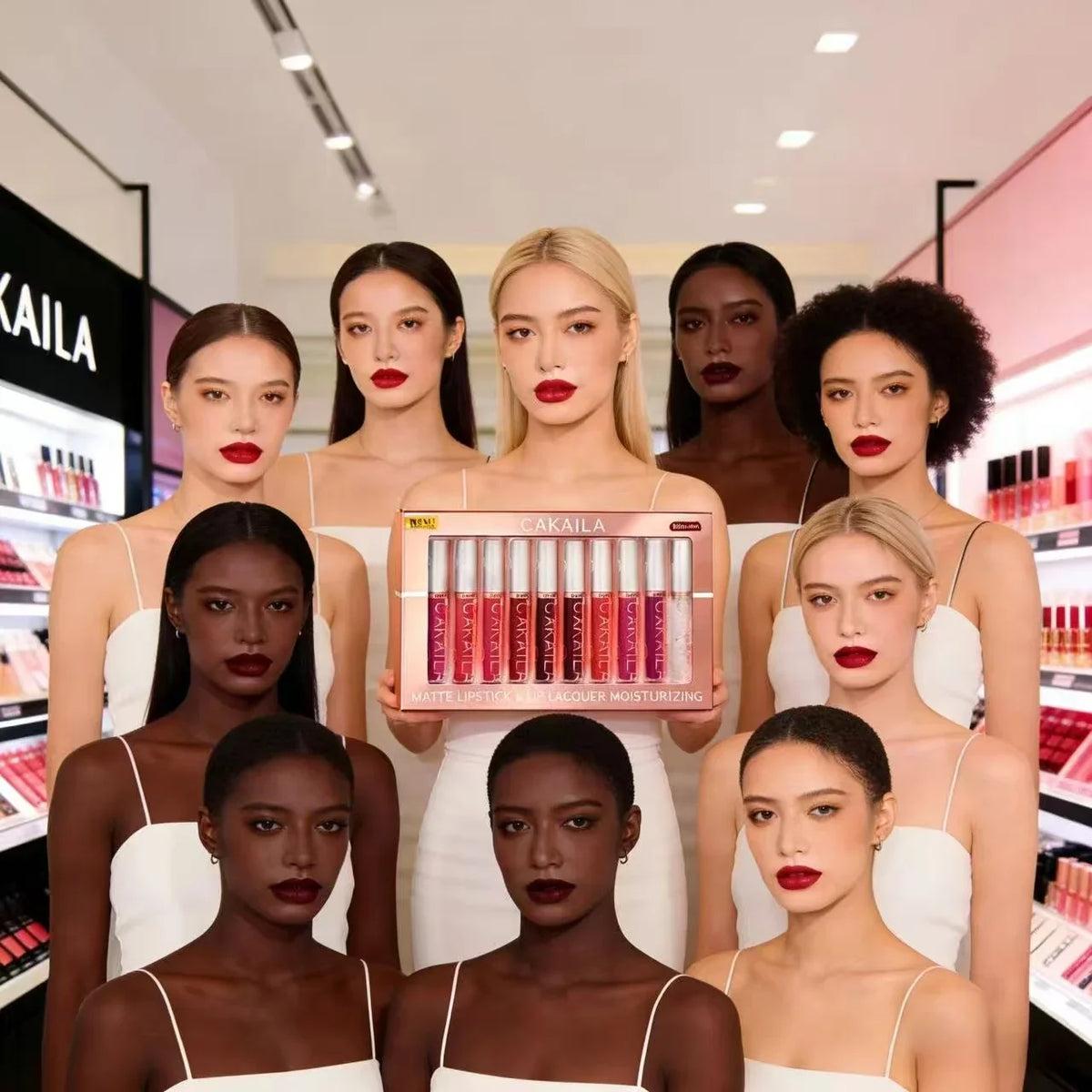 Set of 10 Blushimmer matte liquid lipsticks and lip oils in nude, red, and pink shades with waterproof, long-lasting, non-transfer velvet finish.