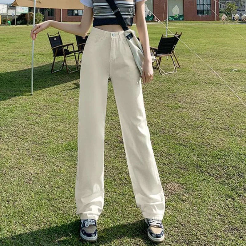 Lady Classic Daily High Waist Jeans Female Korean Solid Thin Pants Women Fashion Baggy Straight Leg Denim Trousers