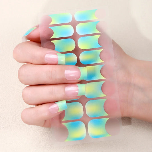 Blushimmer 16Tips full cover French nail polish strips with gradient glitter design, self-adhesive manicure nail art decals.