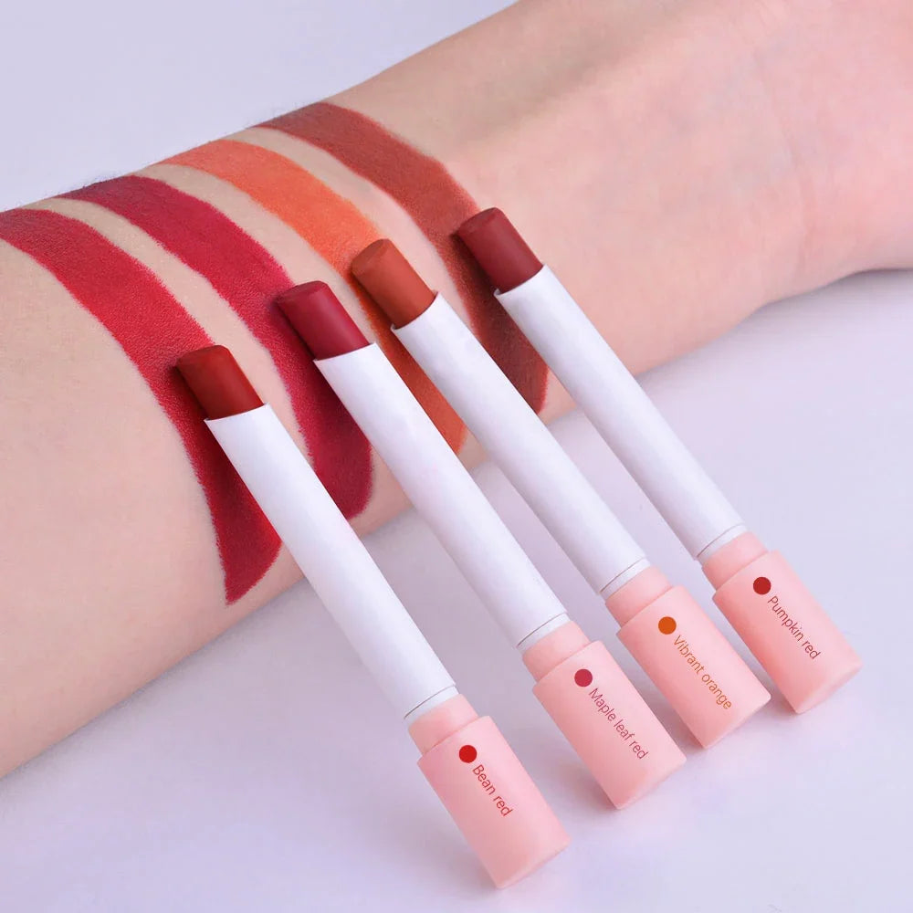 Set of four Blushimmer cigarette-shaped lip glosses in velvet matte waterproof finish, long-lasting, non-stick lipstick for women.